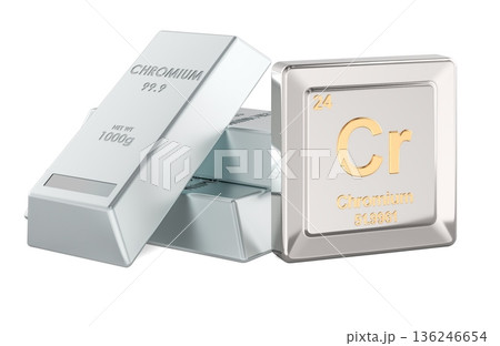 Chromium metal ingots with Cr element symbol. 3D rendering 136246654