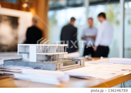 A team of professionals gathers in an office to review architectural plans. A model of a building is prominently displayed on the table. Papers are scattered around the workspace. 136246789