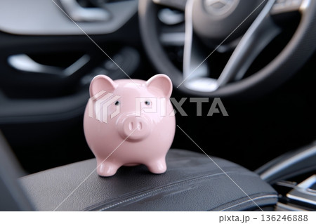 A piggy bank is placed on the seat of a car. The car interior includes a steering wheel and dashboard. The scene shows a typical setup in a vehicle during a sunny day. A piggy bank is placed on the seat of a car. The car interior includes a steering wheel and dashboard. The scene shows a typical setup in a vehicle during a sunny day. 136246888