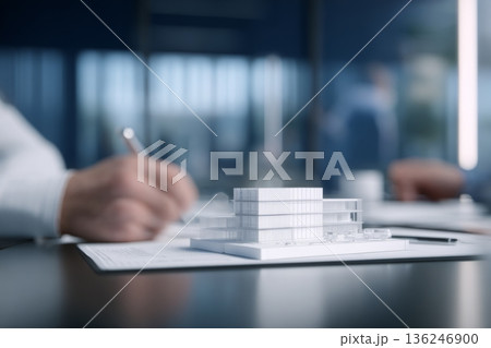 A person is looking at a building model while writing notes on paper. Another person is sitting across the table, discussing the architecture plans. The office has large windows. A person is looking at a building model while writing notes on paper. Another person is sitting across the table, discussing the architecture plans. The office has large windows. 136246900