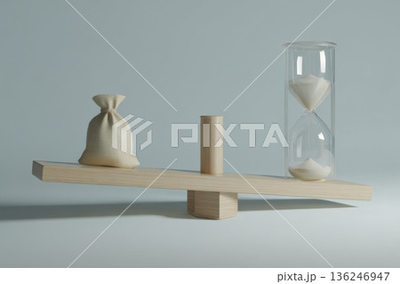 A balance scale is set up with a fabric bag placed on one side and an hourglass on the other side. The scale shows the comparison between the weight of the bag and the time measured. 136246947