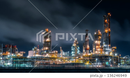 Pipes and towers of a plant shine bright against the night sky. The structures are visible with lights glowing in various colors. Clouds drift above the scene, adding depth to the view. Pipes and towers of a plant shine bright against the night sky. The structures are visible with lights glowing in various colors. Clouds drift above the scene, adding depth to the view. 136246949