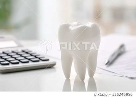 A tooth model sits on a desk beside a calculator and papers. The setting is a dental office with natural light coming in. The scene shows an organized workspace for dental care. 136246956