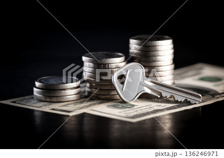 A metal house key rests on top of stacks of coins and paper money. The coins and bills are arranged neatly, with a dark background highlighting the objects. 136246971