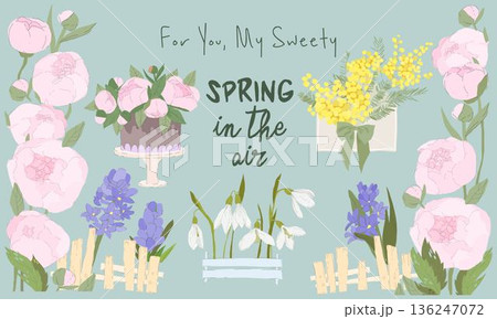 Cartoon Set with Fresh Spring Flowers Bouquets 136247072