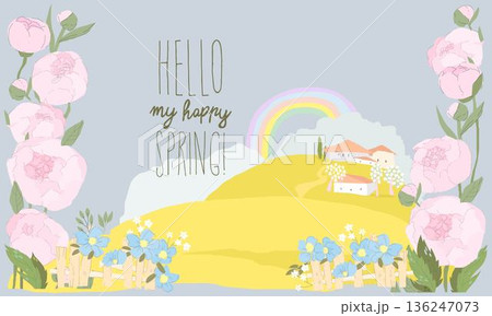 Cartoon Spring Flowers and Village. Happy Season Cartoon Spring Flowers and Village. Happy Season 136247073