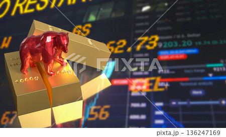 Red Bear Market Symbol On Gold Bars With Falling Stock Chart 3d render. Red Bear Market Symbol On Gold Bars With Falling Stock Chart 3d render. 136247169