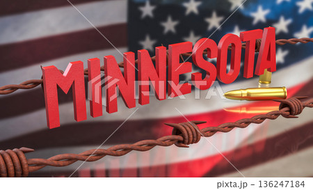 Minnesota State Name with Barbed Wire and Bullet Concept 3d render. 136247184