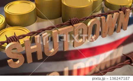 Government Shutdown Concept with Barbed Wire and United States Flag 3d render. 136247187