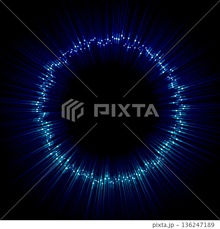 青く輝く放射状の光と粒子の円形フレーム　サイバーでクールな集中線背景 136247189