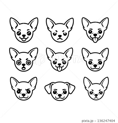 Various facial expressions of a Chihuahua in a grid pattern featuring happy, sad, surprised, and curious looks 136247404