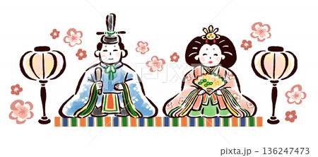 お内裏様とお雛様　筆タッチ手描きイラスト 136247473