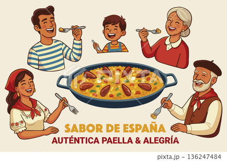 Spanish family gathered around table eating paella from large pan. Bright vector poster 136247484
