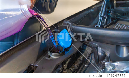 Person pours purple liquid into car engine coolant reservoir, close-up view of engine components and maintenance process in a garage setting 136247721