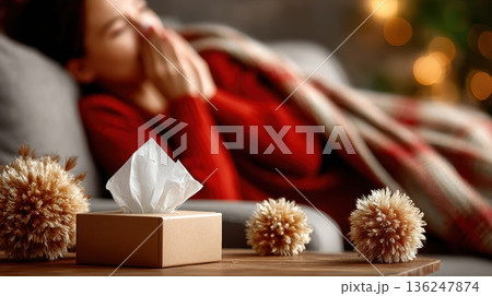 Woman wrapped in cozy blanket is resting on sofa, surrounded by holiday decorations, with a gift box and tissues on the table, conveying a warm atmosphere 136247874