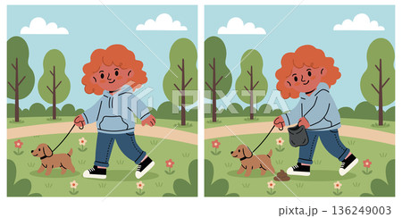Responsible pet owner cleaning up after their dog in a park, a positive community and pet care vector illustration scene 136249003