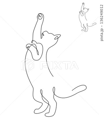 Continuous line drawing cat standing with front legs raised. Front view single linear decorative design concept. Editable stroke vector illustration, Cat in one line for logo, Advertising. 136249012