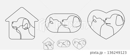 Set of continuous line drawing head of  cat and dog with a heart. Single linear decorative logo, Pet shop or veterinarian design. Editable stroke vector illustration. 136249123