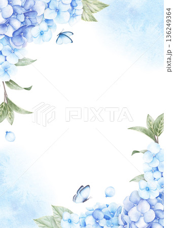 Greeting card template with hydrangea flowers, leaves, butterflies and blue color splashes. Watercolor hand drawn illustration isolated on white background Greeting card template with hydrangea flowers, leaves, butterflies and blue color splashes. Watercolor hand drawn illustration isolated on white background 136249364
