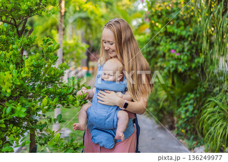 Mother using ergonomic baby carrier during a walk with her infant outdoors. Comfortable babywearing, active motherhood lifestyle, bonding, modern parenting, hands free care and everyday family routine 136249977