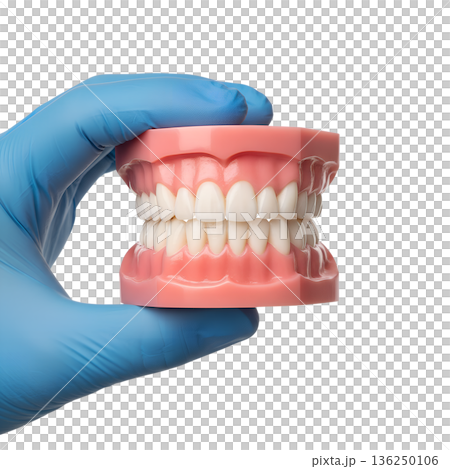 Dentist's hand in blue glove demonstrating with a detailed dental teeth model, ideal for patient consultation, orthodontics, and treatment planning 136250106