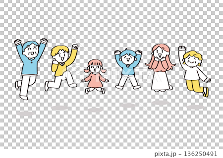 ジャンプする二世帯家族のイラスト 136250491