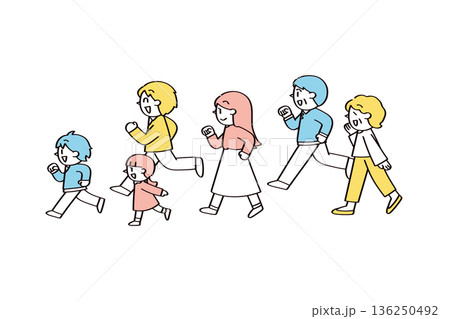 同じ方向に向かう二世帯家族のイラスト 同じ方向に向かう二世帯家族のイラスト 136250492