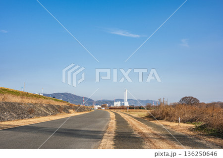 淀川右岸堤防下の河川敷の遊歩道　大阪府高槻市 136250646
