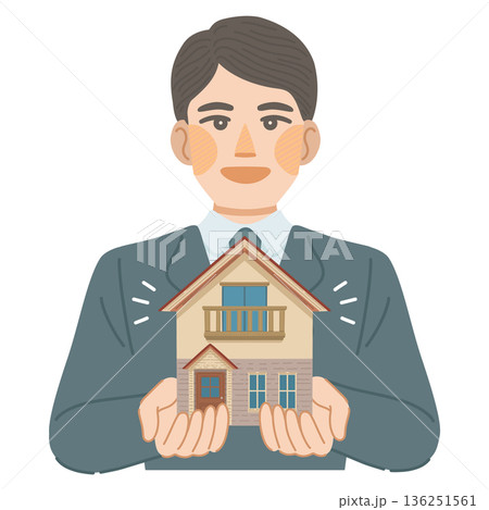 一戸建てをおすすめする、スーツ姿の男性のイラスト 一戸建てをおすすめする、スーツ姿の男性のイラスト 136251561