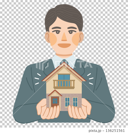 Illustration of a man in a suit recommending a detached house Illustration of a man in a suit recommending a detached house 136251561