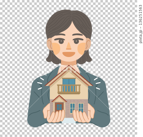 Illustration of a woman in a suit recommending a detached house Illustration of a woman in a suit recommending a detached house 136251563