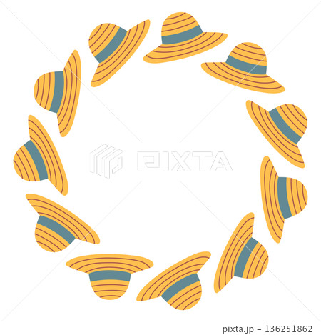 Cute vector circular frame made of straw hats. Flat cartoon illustration on white background, perfect for summer, gardening, farming, seasonal designs, invitations, posters, and templates Cute vector circular frame made of straw hats. Flat cartoon illustration on white background, perfect for summer, gardening, farming, seasonal designs, invitations, posters, and templates 136251862