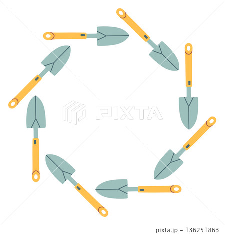 Vector circular frame made of gardening trowels. Flat cartoon illustration on white background, ideal for spring, gardening, farming, DIY, eco design, invitations, posters, and seasonal templates 136251863