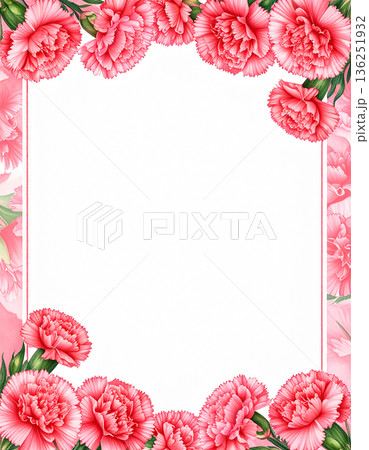 色鮮やかな水彩風のカーネーションで感謝を伝える白地のフレーム背景素材 136251932