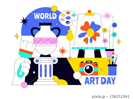 World Art Day Creative Celebration Vector Illustration Featuring Artistic Elements With Modern Flat Cartoon Design Background 136252041
