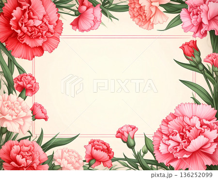 色鮮やかな水彩風カーネーションが囲む感謝を伝えるメッセージカード用フレーム背景素材 136252099