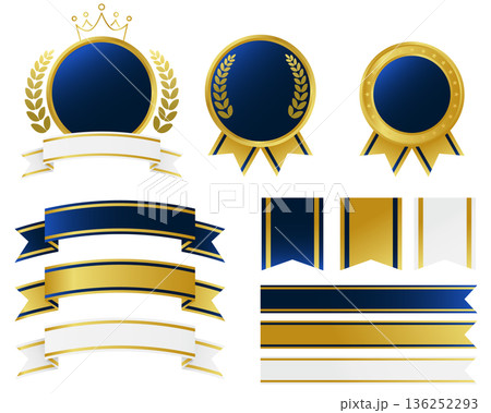 濃紺色と金色をベースにしたメダルとリボンのイラスト素材セット。 濃紺色と金色をベースにしたメダルとリボンのイラスト素材セット。 136252293