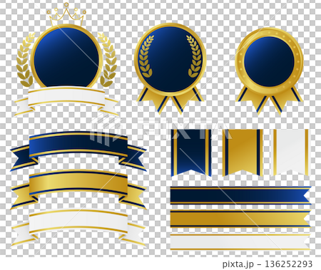 濃紺色と金色をベースにしたメダルとリボンのイラスト素材セット。 濃紺色と金色をベースにしたメダルとリボンのイラスト素材セット。 136252293