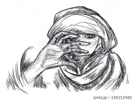 手のひらで顔を覆うポーズ 136252489