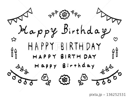 POPや挿絵やカードに使えるシンプルなHappyBirthdayの手書き文字と装飾イラストセット 136252531