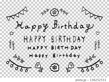 POPや挿絵やカードに使えるシンプルなHappyBirthdayの手書き文字と装飾イラストセット 136252531