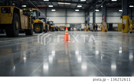 Safety Cone Placed On Reflective Warehouse Floor Marking Active Equipment Area With Industrial Vehicles In Background, Clear Caution Signal And Maintenance Awareness In Facility. 136252611