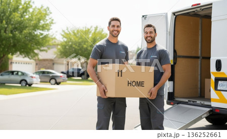 Two professional movers in uniform standing proudly next to a moving van, carrying a cardboard box labeled home, representing efficient relocation and delivery services 136252661