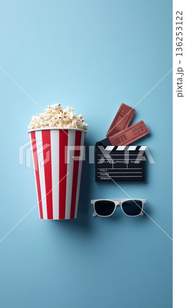 Popcorn overflow, movie tickets, a film clapperboard, and white 3d glasses arranged on a light blue background, representing a classic cinema experience Popcorn overflow, movie tickets, a film clapperboard, and white 3d glasses arranged on a light blue background, representing a classic cinema experience 136253122