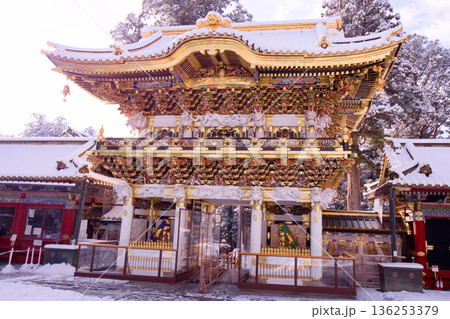 日光市　日光東照宮　雪景色の陽明門 136253379