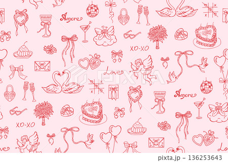 Whimsical Valentine Seamless Pattern Hand Drawn Doodle Sketch Style Coquette Vintage Playful Print 136253643
