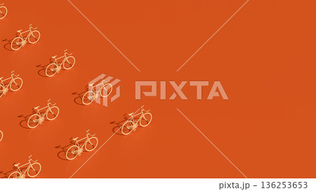 3D rendering of orange bicycles arranged diagonally on solid orange background 3D rendering of orange bicycles arranged diagonally on solid orange background 136253653