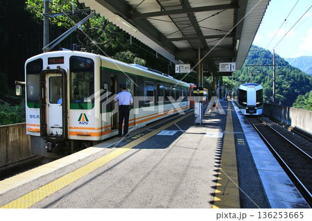 初夏の奥鬼怒路… 山間の列車交換『AIZUマウントエキスプレス・特急リバティ会津』川治温泉駅 136253665