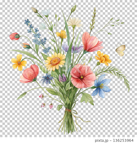 Seasonal Flowers Watercolor White Background Seasonal Flowers Watercolor White Background 136253964