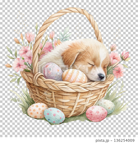 The cutest dog in the world sleeping peacefully inside a pastel Easter egg basket The cutest dog in the world sleeping peacefully inside a pastel Easter egg basket 136254009